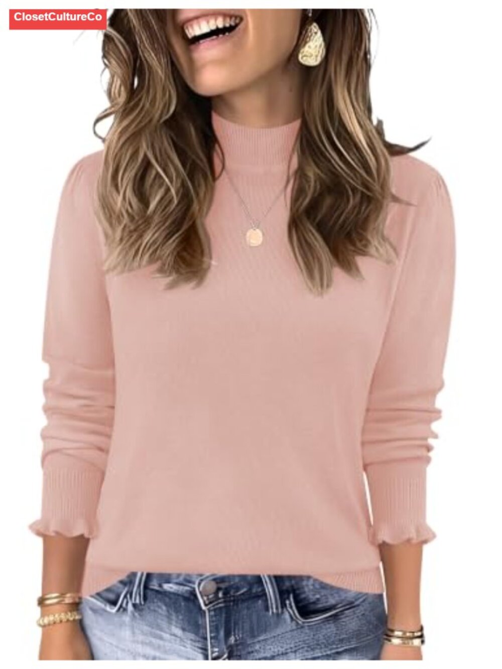 Wool Blend Mock Neck Puff Sleeve Knit Pullover Sweater Ruffle Cuff